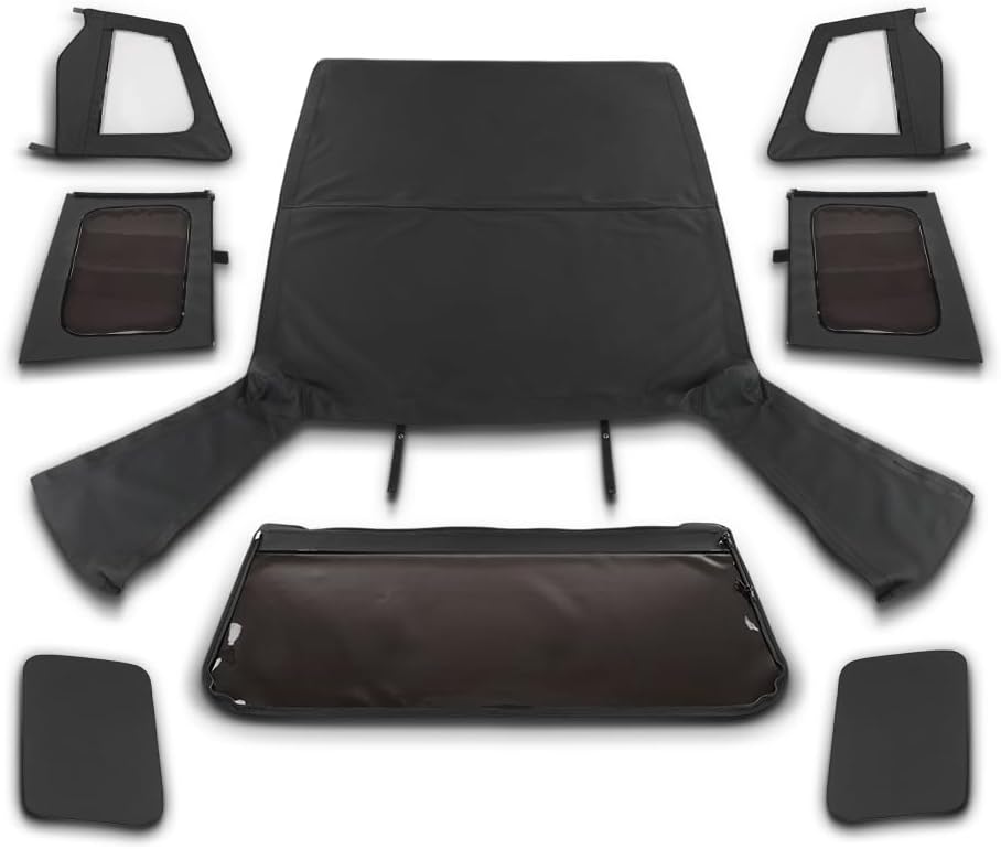 PIT66 Soft Top Sailcloth Black w/ plastic windows Compatible with Jeep Wrangler 1987 1988 1989 1990 1991 1992 1993 1994 1995 With Factory Squared Style Upper Doors Only 9870215, 9870217 Black