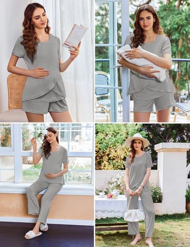 Image of Ekouaer 3 PCS Maternity Nursing Pajamas Set Postpartum Breastfeeding Short Sleeve Shirts, Pregnancy Shorts & Pants Pjs S-XXL