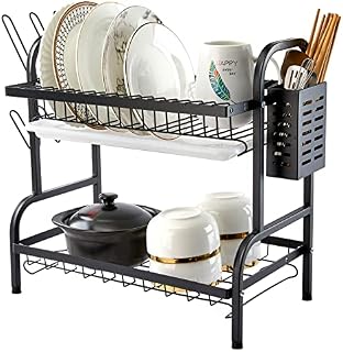 smokfon Dish Rack 2 Tier Dish Drainer Rack with Cup Holder & Chopping Board Rack Kitchen Plate Dish Drying Rack Board and Utensil Holder Rust Proof Large Dish Rack Washing Up Sink Drainer Rack