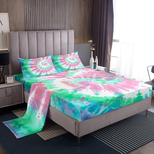 Erosebridal Kids Tie Dye Bed Sheets Girls Bohemian Batik Sheet Set 4 Pcs King Size, Boho Psychedelic Sheets Set + Deep Pocket Fitted Sheets+ Girly Flat Sheet + Pink Bedroom Decor 2 Pillow Shams