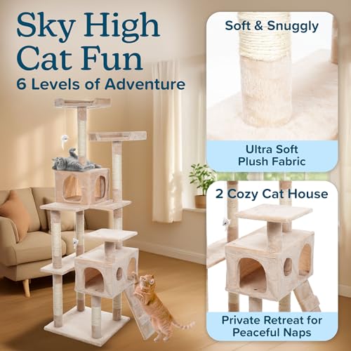 Cat Tree - 5.5-Foot Cat Tower for Indoor Cats with Perches, 2 Condos, 9 Cat Scratching Posts, 2 Hanging Toys, and 2-Step Ladder by PETMAKER (Beige) by PETMAKER - Used condition - Image 3