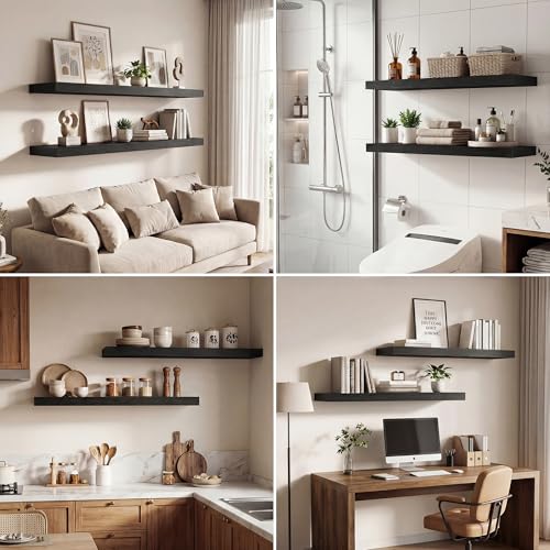 Image of Dreamland 30 Inches Floating Shelves for Wall, 9.3 inch Deep Long Floating Shelves Set of 2, Large Display & Storage Shelf, Wall Shelf for Bathroom Bedroom Living Room Kitchen Office, Black