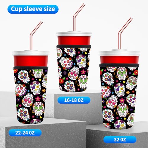 Image of 3 Pack Reusable Neoprene Insulator Sleeve for Iced Coffee Cups, Funny Coffee Cup Sleeves for 16-32oz Coffee cups, Cute Drink Sleeve for Cold Hot Beverages Cute Floral Skull