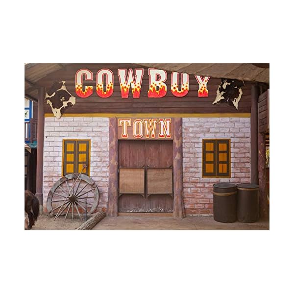 LFEEY 2,7 x 1,8 m Country Western Scheune Hintergrund für Partys Wilder Westen Cowboy Bauernhaus Taverne Holzrad Stadtbau Tür Fotografie Hintergrund Themenparty Geburtstag Events Fotostudio Requisiten – Bild 4