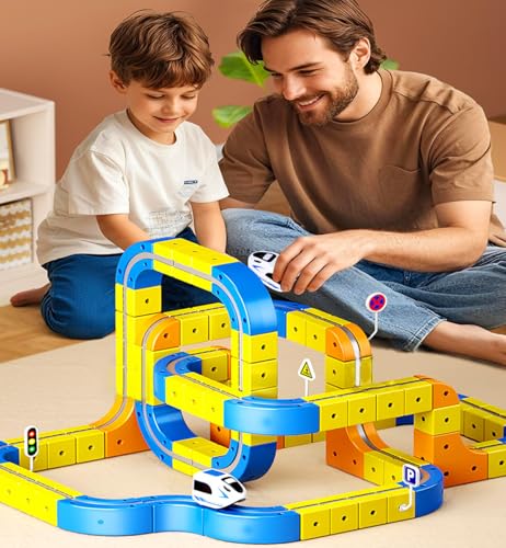 Electric Train Set Flexible Race Track for Kids 4 5 6 7 8, Car Track for Toddlers 3-5, Building Toy Train Track Gravity-Defying 3D Embedded Layouts & Motorized Car, STEM Learning Gift (Mixed)