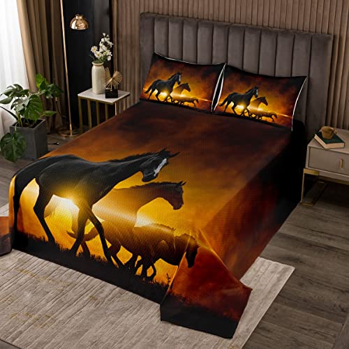 Horse Bedspread Queen, Western Animal Coverlet Set Wild Horse Printed Bedspread Quilt Set For Kids Adult Boys Man Quilted, Soft Breathable Quilt Set For Room Decor, Black Brown #TOP12