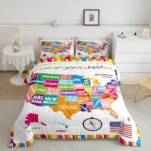 Image of Feelyou USA Map Bedding Set Full, Geography USA Map Comforter Set for Boys Girls Educational Comforter Learning Time Duvet Set 3Pcs