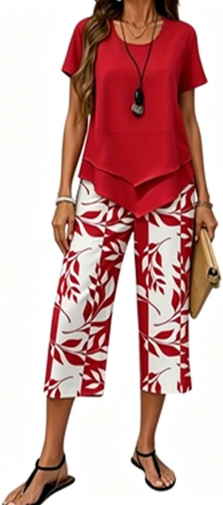 Casual Round Neck Layered Tunic Top and Wide Leg Pants Set, Women Outfits Flowy Summer Dressy Floral Printed Sets