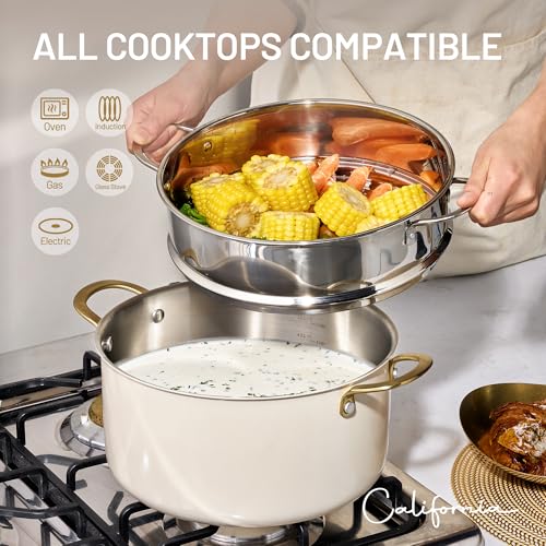 Image of CAROTE 8QT Full Clad Tri Ply Stainless Steel Stock Pot with Lid | All Stoves Compatible, Oven & Dishwasher Safe, Stay Cool Handle, White, Cookware for Simmer