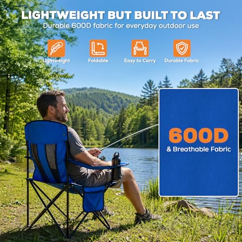 Image of Romswi Portable Camping Chairs for Adult, Folding Outdoor Chairs with 4-Can Cooler Bag, Folding Chair with Mesh Back for Outdoor, Fishing, Garden, 2-Pack, Blue