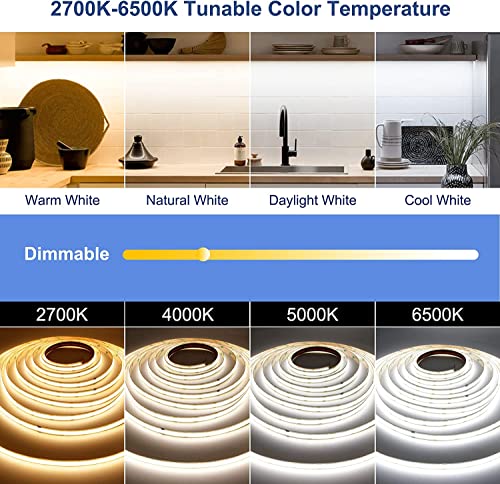 Image of COB LED Strip Lights, CCT Tunable White LED Tape Light 49.2ft /15m, 2700K-6500K, CRI90+, 24V Dimmable LED Strips Kit with Bluetooth APP Control, for Bedroom, Kitchen, DIY Lighting.
