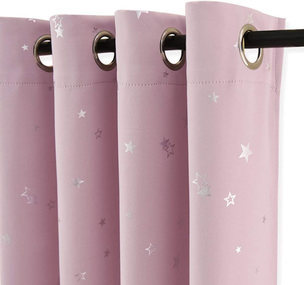 PONY DANCE Stars Foil Printed Blackout Curtains - Pink 52 x 54 Inch Thermal Insulated Curtains & Drapes with Eyelet for Kids Girls Nursery Bedroom, Pink, 2 Panels