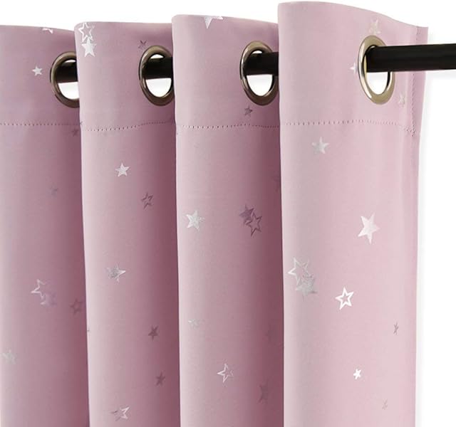 PONY DANCE Pink Curtains for Bedroom - 52 x 54 inch Pink Eyelet Foil Printed Star Blackout Curtains Thermal Eyelet Panels for Kids Preteen Bedroom/Nursery, Light Pink, 2 PCs