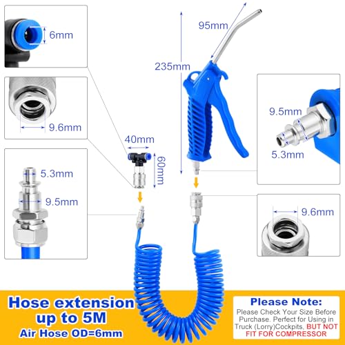 Fippy Lkw Luftpistole mit 5 Meter Schlauch, LKW Ausblaspistole Druckluftpistole mit T Stück Schnellkupplung, für die Cockpitreinigung, Blau