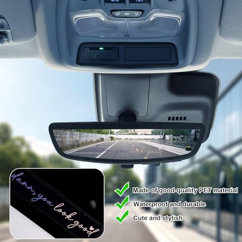 Image of 5pcs Damn, You Look Good Car Rear View Mirror Decal, Vinyl Car Quote Sticker for Back Window Positive Rearview Mirror Label Accessories for Women Self Affirmation Mental Health Awareness Gift