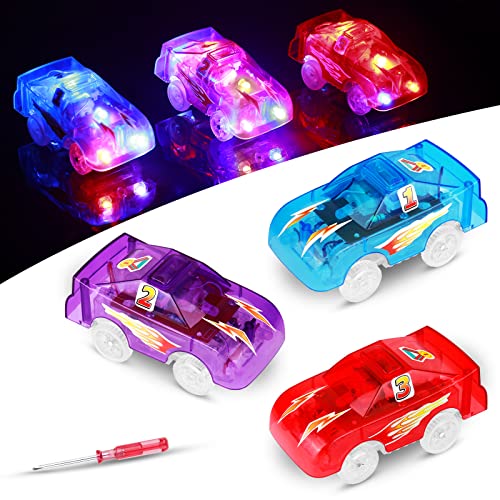 FPVERA Tracks Cars Replacement Only, Magic Light Up Track Toy Glow in The Dark Racing Cars Include Construction Vehicle&Police Car&Fire Truck for Boys Kids