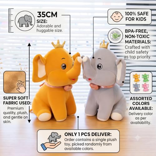 Image of Hug n Feel Premium Soft Elephant Plush Toy with Crown | 35cm Stuffed Animal for Kids, Babies & Toddlers | 100% Safe, BPA-Free, Non-Toxic & Washable | 1 Piece Brown Or Grey