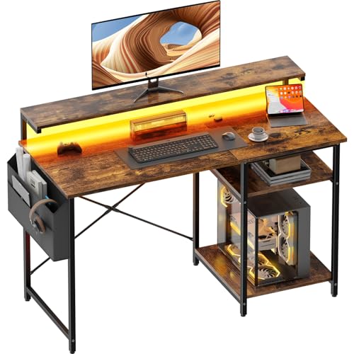 HLONONE Schreibtisch, Computertisch mit LED und Monitorständer, PC Tisch mit 2 Regale und Aufbewahrungstasche für Arbeitszimmer und Schlafzimmer, 100 x 48 x 74 cm, Stabiles Metallgestell, Vintagebraun
