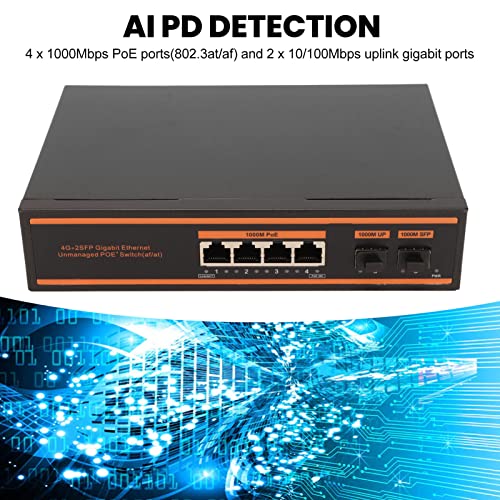 Switch PoE Gigabit de 6 puertos, 4 puertos PoE 1000 Mbps, 2 puertos de enlace ascendente 10/100 Mbps, detección AI PD, sin ventilador, enchufe US miniatura 2