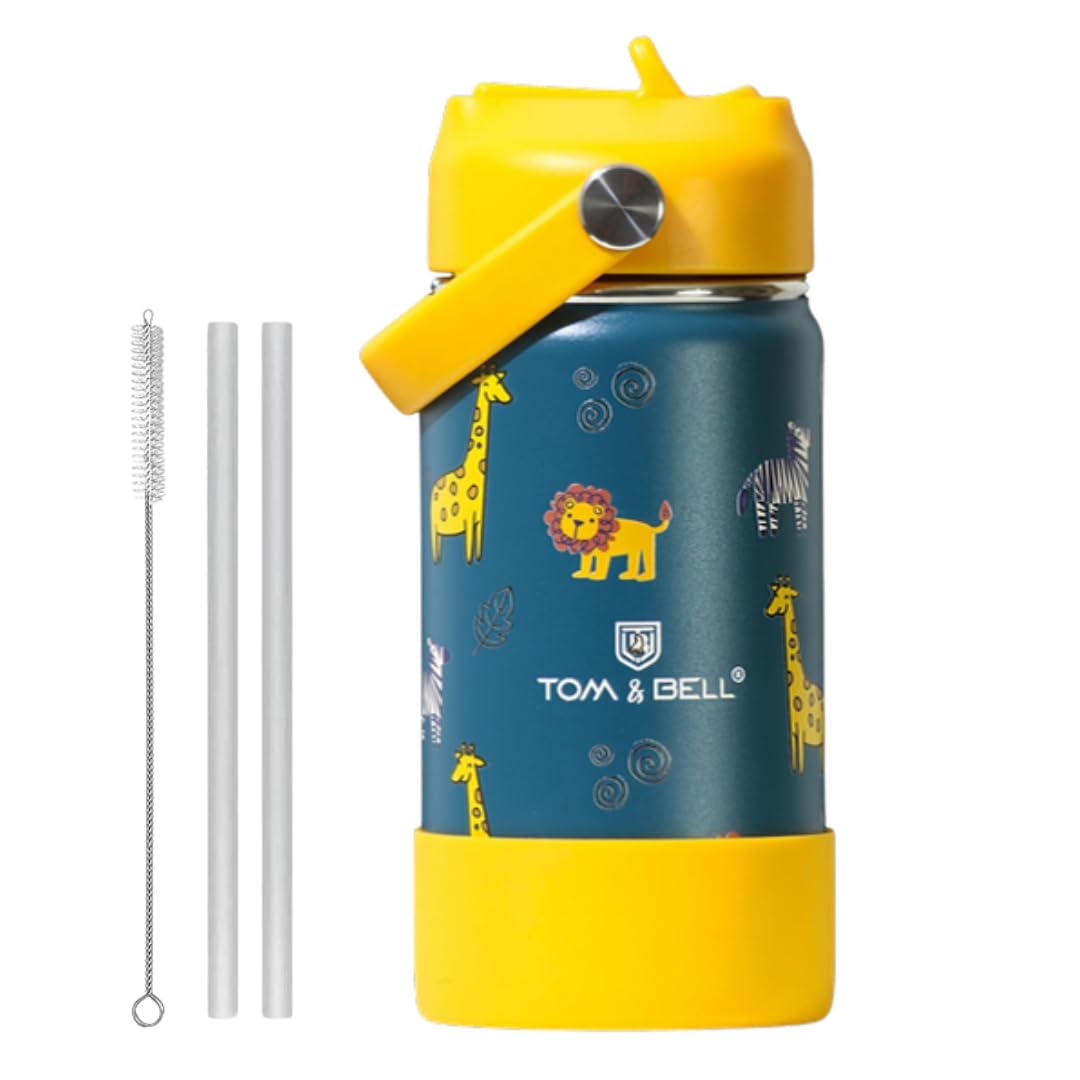 TOM & BELL Insulated Water Bottle for Kids, Double Wall Stainless Steel Sipper Bottle with Silicon Bottom Sleeve, Hot and Cold, 350 ml (Giraffe350)