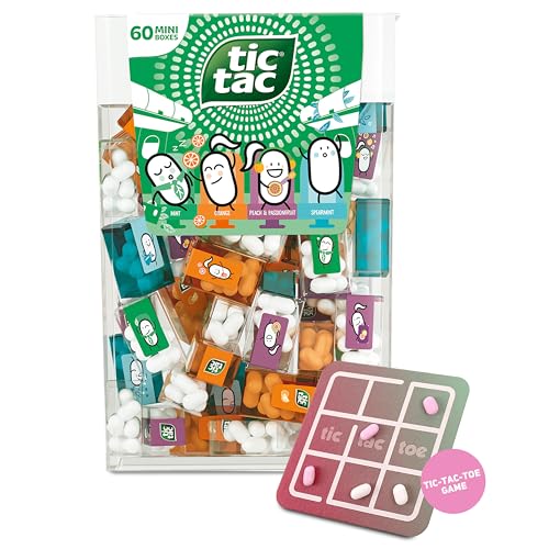TicTacToe Travels Set de voyage - 60 mini-boîtes de 3,8 g, aux goûts variés, avec jeu TicTacToe - Mini bonbons, idéal pour les anniversaires d'enfants, cadeaux...