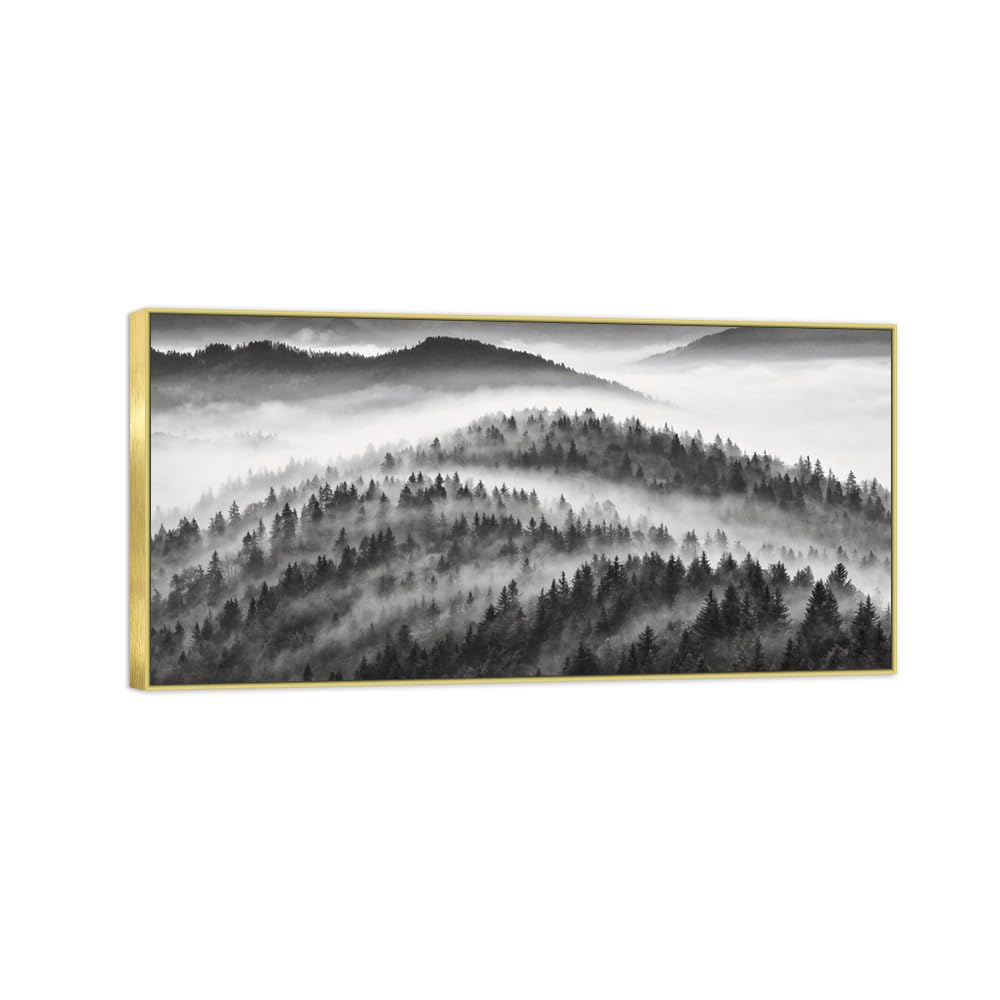 Tree Clouds 6 Black White Landscape Canvas Picture 50x100cm Gold Frame