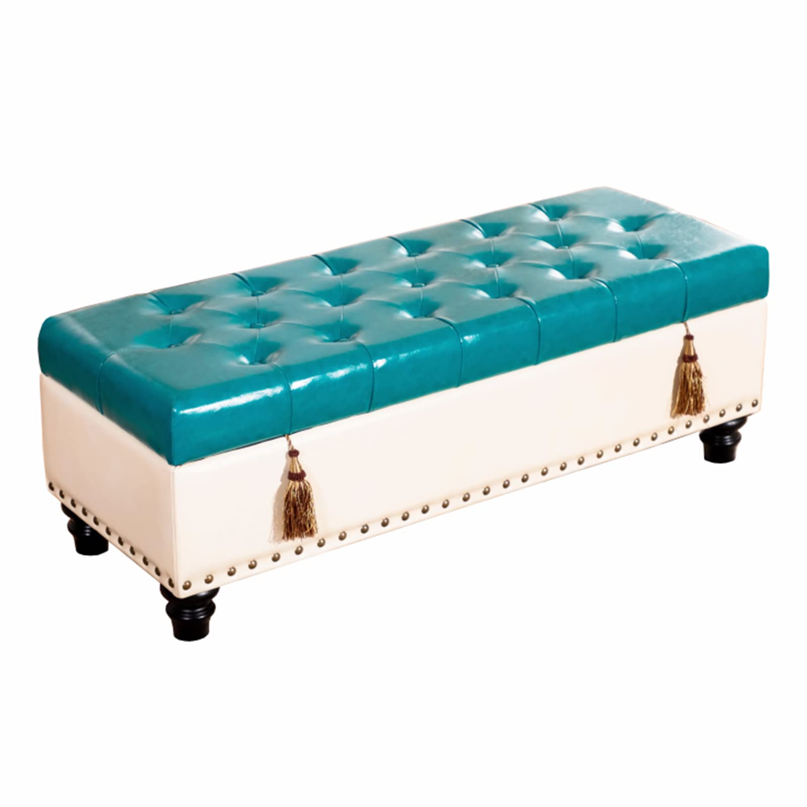 Banc de rangement en cuir vert haut de gamme à bordure cloutée et pieds bois