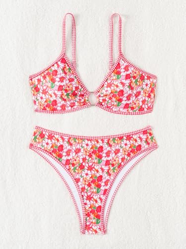 Image of Fanuerg Women's Triangle Bikini Sets O Ring Linked Two Piece Swimsuits Floral Printed Cheeky Bathing Suit