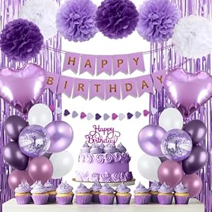 Purple Birthday Decorations for Women, Happy Birthday Party Decorations, Happy Birthday Banner, Purple Balloons, Foil Fringe Curtains, Tissue Paper Pompoms, Heart Garland, Party Decor for Girls
