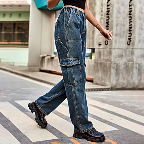 Baggy Cargo Jeans for Women Teen Girl Y2k High Waisted Flap Pocket Baggy Straight Wide Leg Jeans Denim Pants3