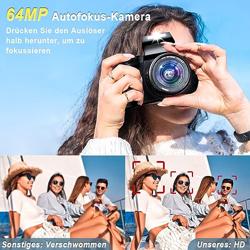 Digitalkamera 64 Megapixel Fotoapparat Digitalkamera, Dual-Kamera für Kompaktkamera Fotos zum Geburtstag, Reisen, inkl. 52 mm Festobjektiv, 4,0" Touchscreen, 64 GB SD-Karte – Bild 4