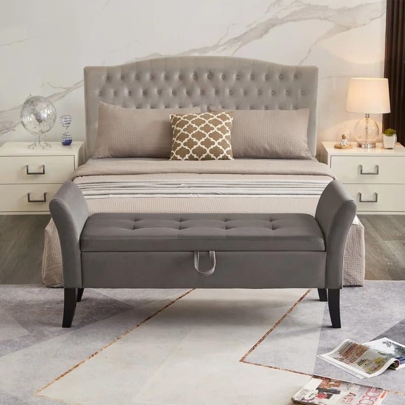 Image of 2 Seater Storage Ottoman Bench with Armrests | Upholstered Tufted Sofa Bench with Hidden Storage | Bedroom Living Room Entryway Seating | Modern End of Bed Bench Footrest Lounge Seat | Grey