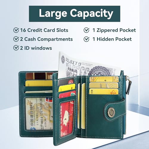 Womens Wallet Small Bifold Leather Pocket Wallet Large Capacity Rfid Blocking Card Holder Zipper Coin Purse with 16 Card Slots & 2 ID Window-Peacock Blue3