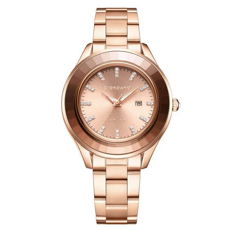 Image of Giordano Arias Lara Dutta Signature Collection Analog Quartz Watch for Women Round Sunray Dial Crystal Hour Markers, Date Display & Stainless Steel Strap