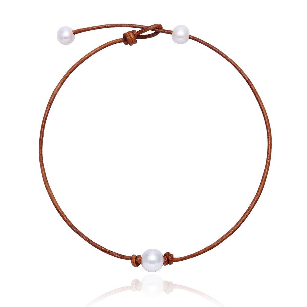 MAIMANI Single Freshwater Cultured Pearl Choker Necklace Light Brown Cowhide Cord for Girls 14-16"