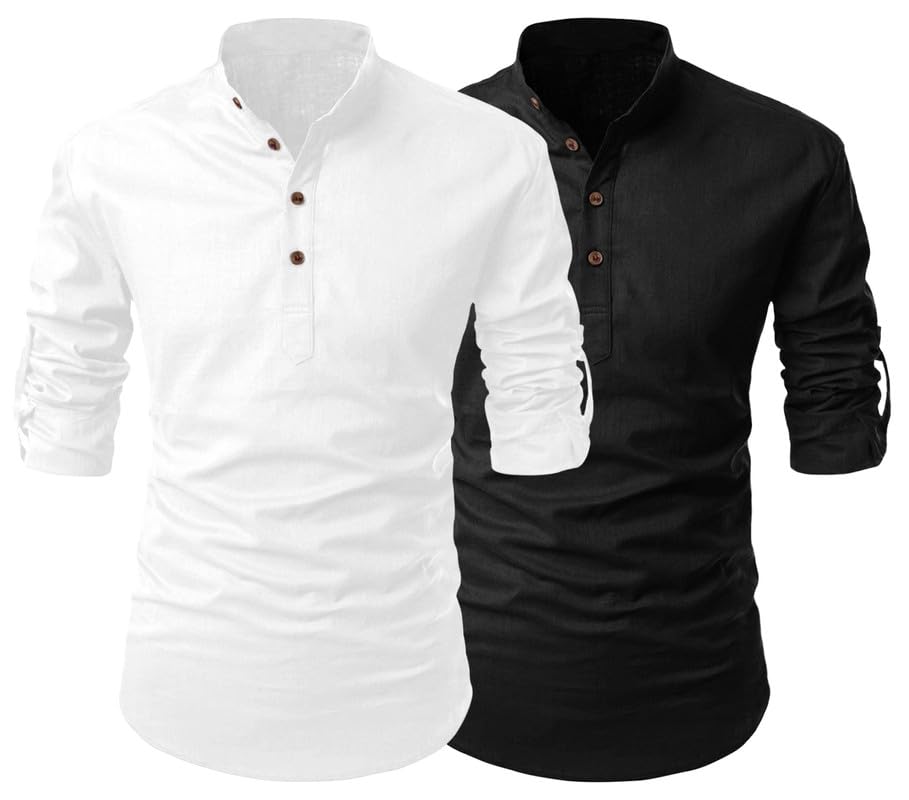 finivo fashion Combo of Men's Regular Fit Cotton Blend Solid Full Sleeves Kurta | Short Kurta for Men (Pack of 2)-picture-29