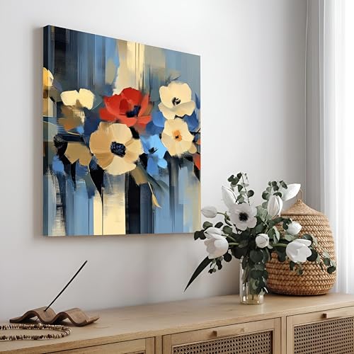 Image of Abstract Floral Stretched Canvas Wall Art Painting for Living Room | Modern Blue & White Flower Artwork Painting | Contemporary Decorative Wall Decor for Home & Office, 22x22 Inch