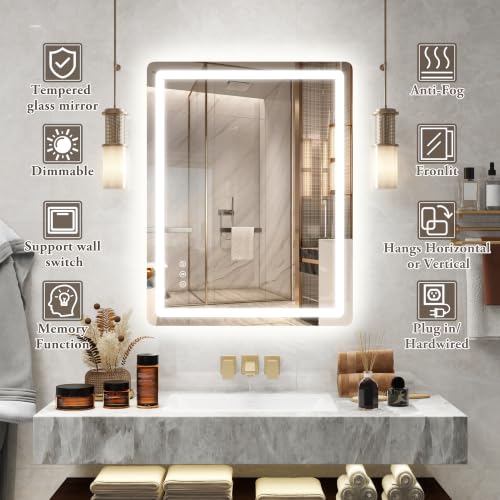Image of 28 inch x 36 inch Led Bathroom Mirror with Lights, Anti-Fog & Tri-Color Lighting - Wall Mounted Shaving Mirror with Touch Sensor, Waterproof & Smart LED Vanity Mirror,Tempered Glass, Dimmable Smart Mirror