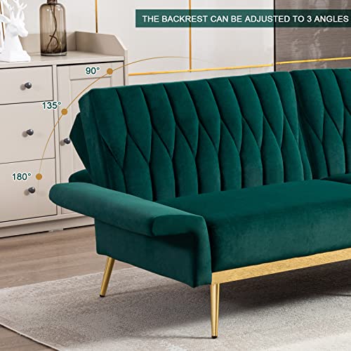 Ttgieet Velvet Convertible Futon Sofa Bed With Golden Metal Legs, 70" Tufted Loveseat Couch Sleeper Futon Sofa With Adjustable Armrests For Home Living Room Bedroom (Green) #TOP3