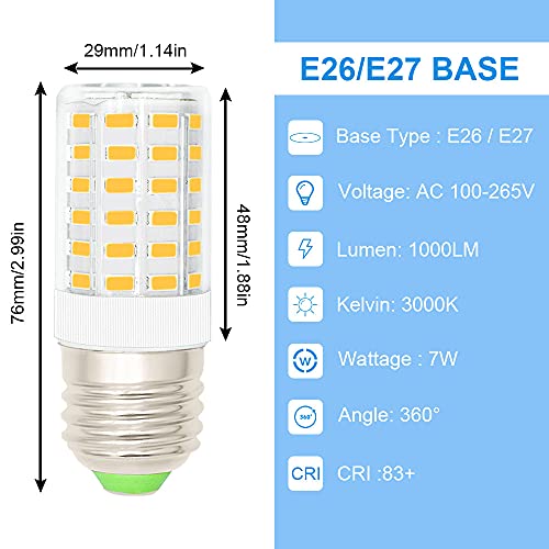 Brolskun E26 Led Bulb For Refrigerator Light 7W (60W-100W Equivalent) 1000 Lumen Warm White 3000K Kitchen Hood Light Non-Dimmable Ac100V-265V Home Lighting Corn Lamp-Pack Of 3 #TOP5