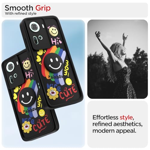 Image of Pikkme Back Cover for Oppo Reno 11 5G | Soft Silicone| Cute Rainbow Smile & 3D Cartoon Flower Design | Shockproof Raised Camera Protection Bumper Case (Black)