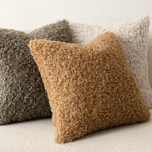 Image of Foindtower Set of 2 Curly Teddy Wool Pillow Covers Decorative Boucle Textured Lumbar Throw Pillow Faux Fur Pillowcases Sheepskin Cushion Case for Sofa Bedroom Car 12 inchx20 inch Sage Green