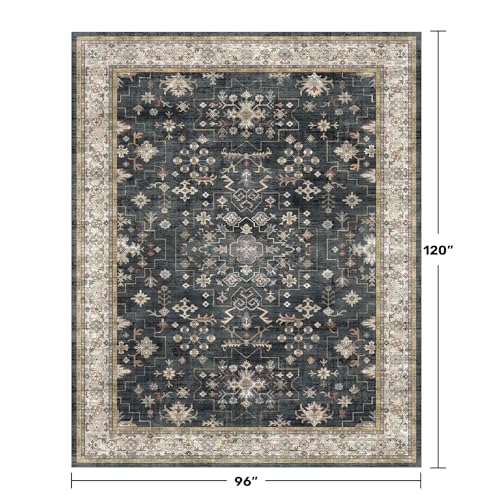 Black Farmhouse Washable 8x10 Area Rugs for Living Room, Bedroom, Dining Room Kitchen Table Rug for Under Table, Office, Dark Charcoal Tumble Stain Resistant Non-Slip Large Washable (8x10 Black/Multi)