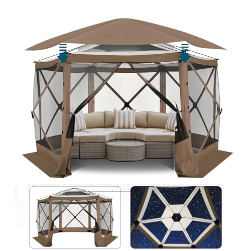 Image of COBIZI 12x12 FT Pop Up Canopy Stargazing Tent, Gazebos On Clearance with Removable Roof,Instant Screened in Gazebo, Screen Tents Portable carpas para Patio for Outdoor Camping,Backyard, Garden, Brown