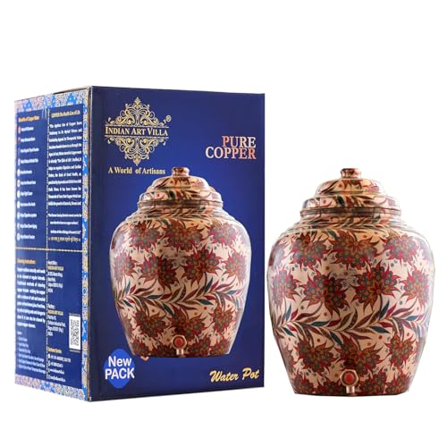 Image of INDIAN ART VILLA Red and Blue Floral Print Design Copper Water Dispenser Pot Matka, Storage, Home Garden, 13 liter