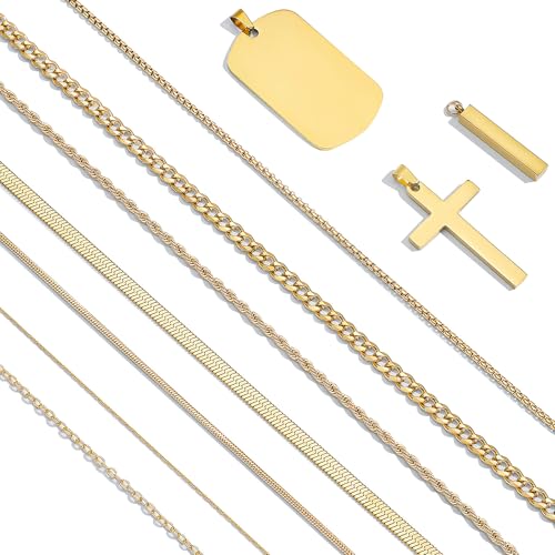 NEWITIN 10 Pieces Gold Jewelry Set for Men Stainless Steel Stackable Link Necklace Cross Pendant Necklace Gold Chain Jewelry Set for Men Women