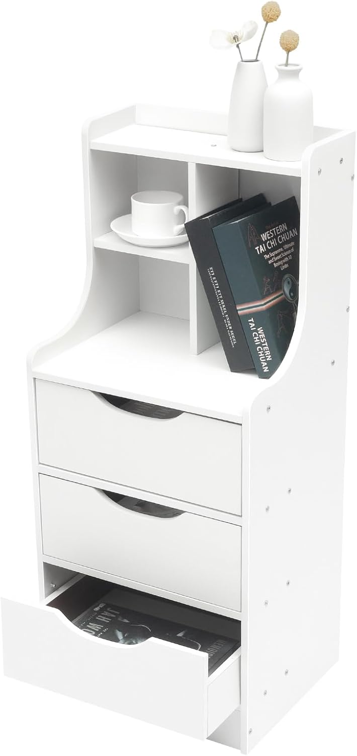 Vertical Storage Tower Bedside Cabinet, 3 Drawers Dresser Tall Night Stand with Open Shelf for Bedroom, Hallway, Entryway, Nursery, Closet Organizer, Nightstand Bedside Table Furniture
