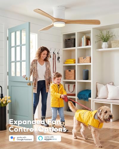 Image of 52 Inch Flush Mount Ceiling Fans with Lights, Low Profile Smart Ceiling Fan, Alexa & Remote Control, High CFM Reversible BLDC, White Natural Wood 3 Blade Indoor Outdoor Ceiling Fans for Bedroom Patios