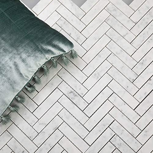 Diflart Carrara White Italian Bianco Carrera Marble 1X4 Inch Herringbone Mosaic Tile Matte For Kitchen Bathroom Wall Floor Tile Pack Of 5 Sheets #TOP4