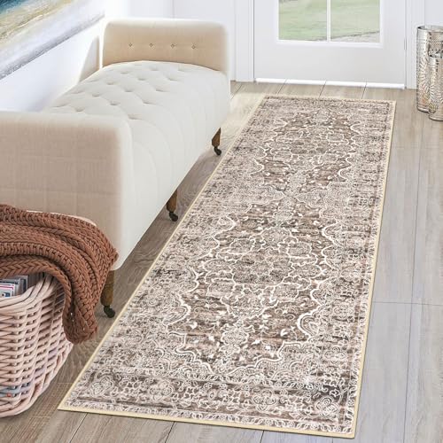 KUTA Vintage Washable Runner Rug, 2x6 Brown Runners for Hallways Non-Slip Floral Kitchen Rugs Ultra Soft Printed Distressed Floor Carpet for Laundry Bedroom Living Room Nursery
